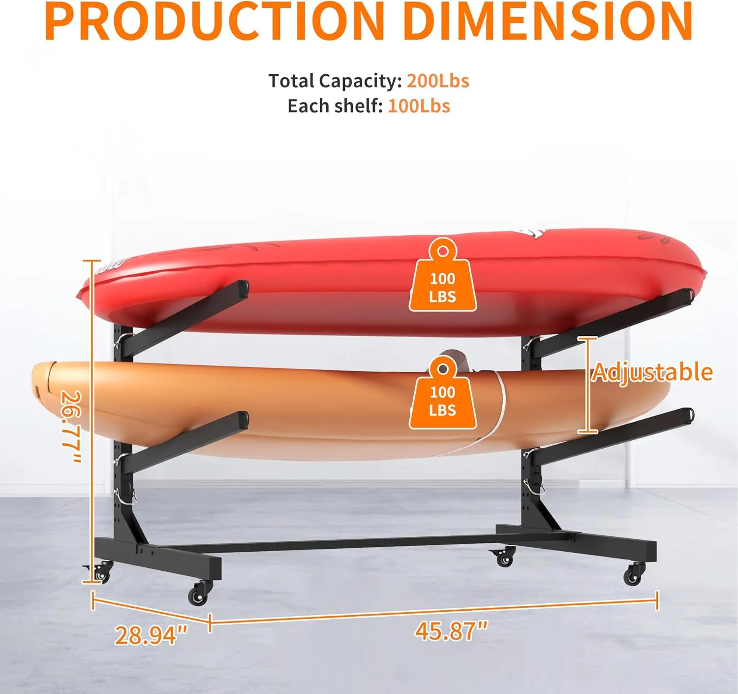 Heavy-Duty Freestanding Kayak Storage Rack for 2 Kayaks - Adjustable Canoe & SUP Stand with Lockable 360° Wheels, Rust-Proof Steel Construction for Garage, Dock & Outdoor Use