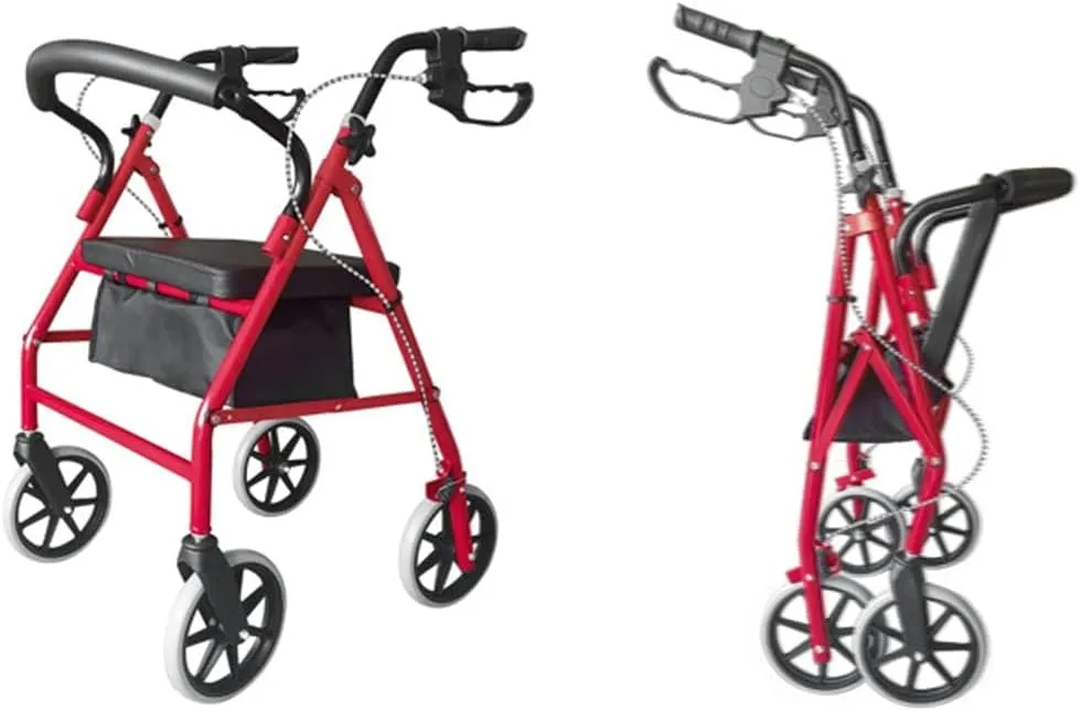 Heavy-Duty Wheeled Walker with Seat and Backrest, Adjustable Height Mobility Rollator for Seniors, Padded Seat, Storage Bag, 360° Swivel Wheels, Indoor/Outdoor Use (Black & Red)