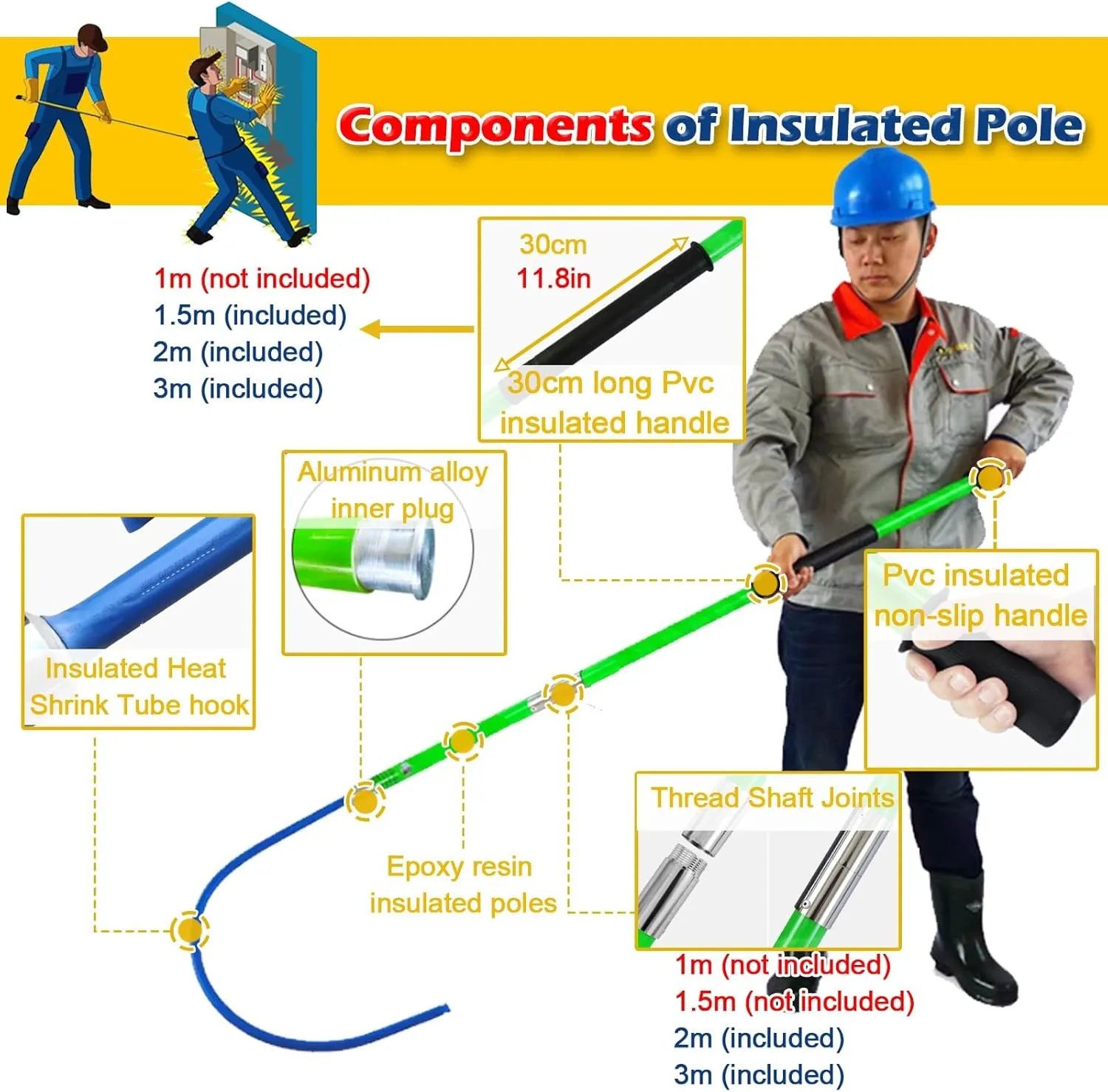 High Voltage Insulated Rescue Hook 3.3Ft 4.9Ft 6.6Ft 9.8Feet Insulated Electrical Rescue Hook, Anti Electric Shock Rescue Pole/Safety Electrical Personal Rescue Stick, High Voltage Insulated Security