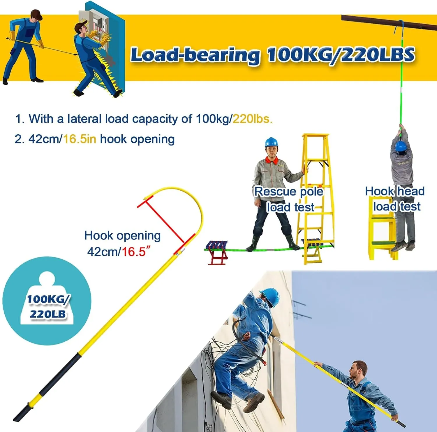 High Voltage Insulated Rescue Hook 3.3Ft 4.9Ft 6.6Ft 9.8Feet Insulated Electrical Rescue Hook, Anti Electric Shock Rescue Pole/Safety Electrical Personal Rescue Stick, High Voltage Insulated Security