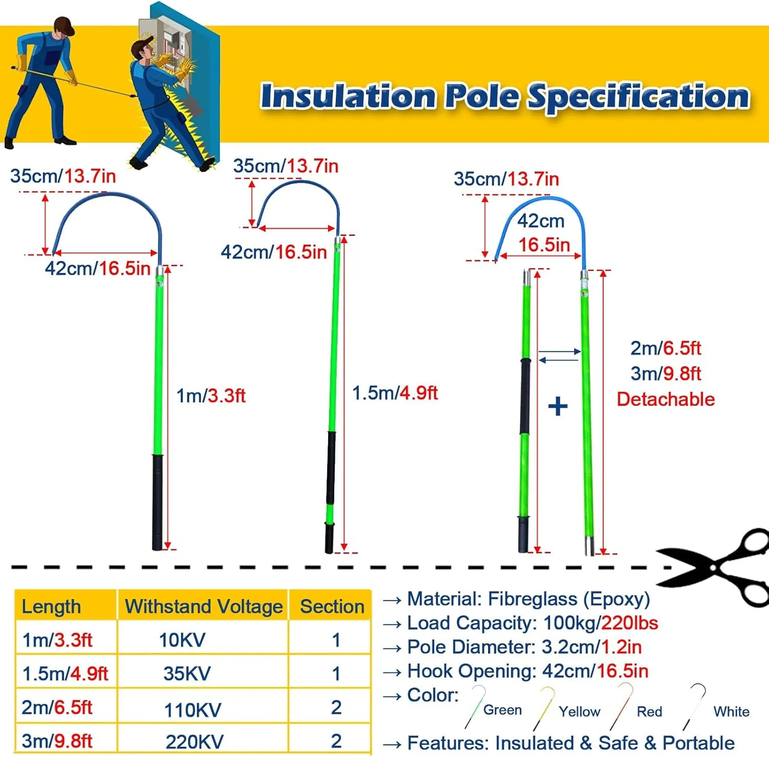 High Voltage Insulated Rescue Hook 3.3Ft 4.9Ft 6.6Ft 9.8Feet Insulated Electrical Rescue Hook, Anti Electric Shock Rescue Pole/Safety Electrical Personal Rescue Stick, High Voltage Insulated Security