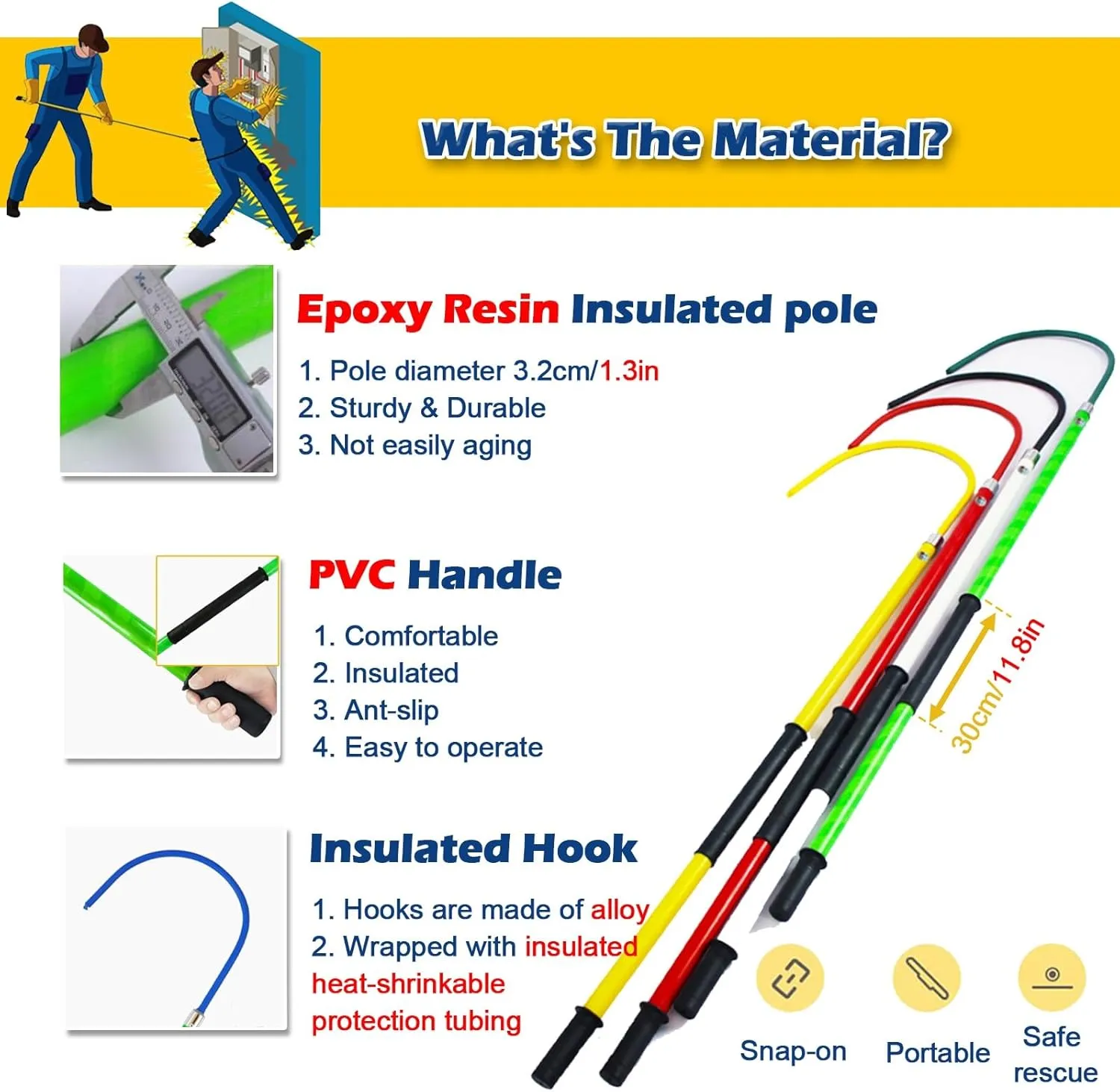High Voltage Insulated Rescue Hook 3.3Ft 4.9Ft 6.6Ft 9.8Feet Insulated Electrical Rescue Hook, Anti Electric Shock Rescue Pole/Safety Electrical Personal Rescue Stick, High Voltage Insulated Security