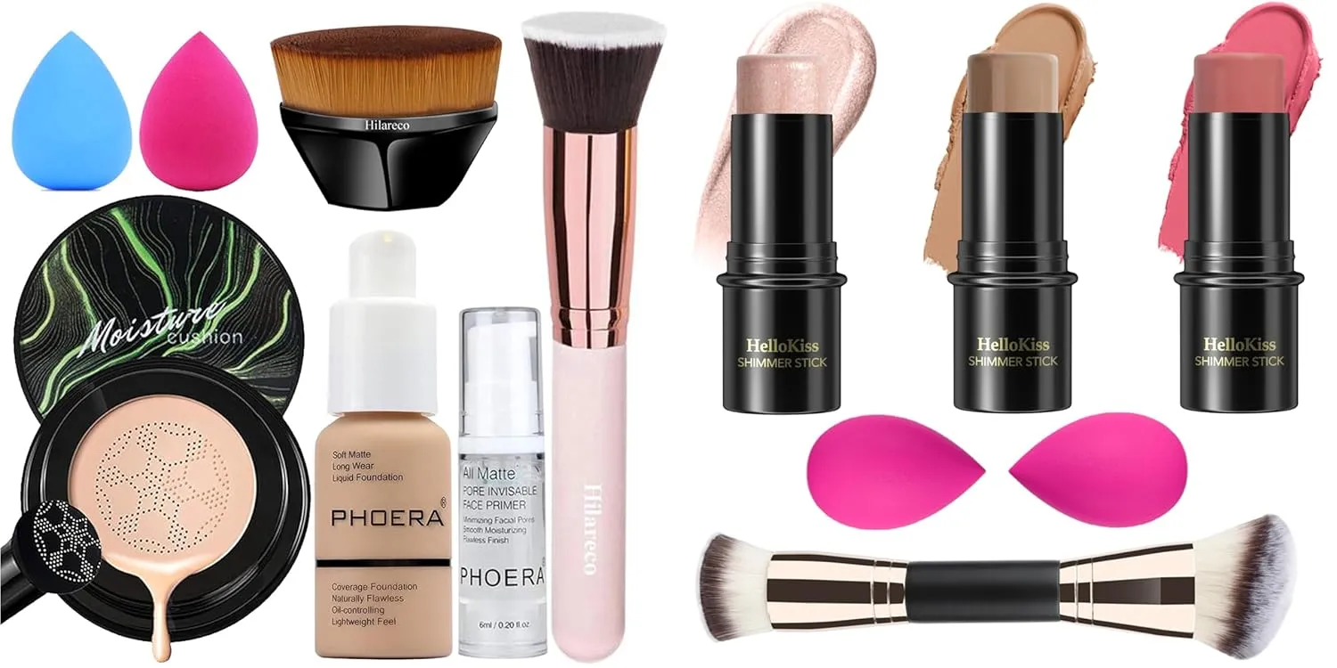 Hilareco Makeup Kit, 3 Pcs Contour Stick, Beige, Matte Finish, Full Coverage, Waterproof, Unisex, Box, All Skin Types, Air Cushion CC Cream, Mushroom Head, Includes Double-Ended Makeup Brush