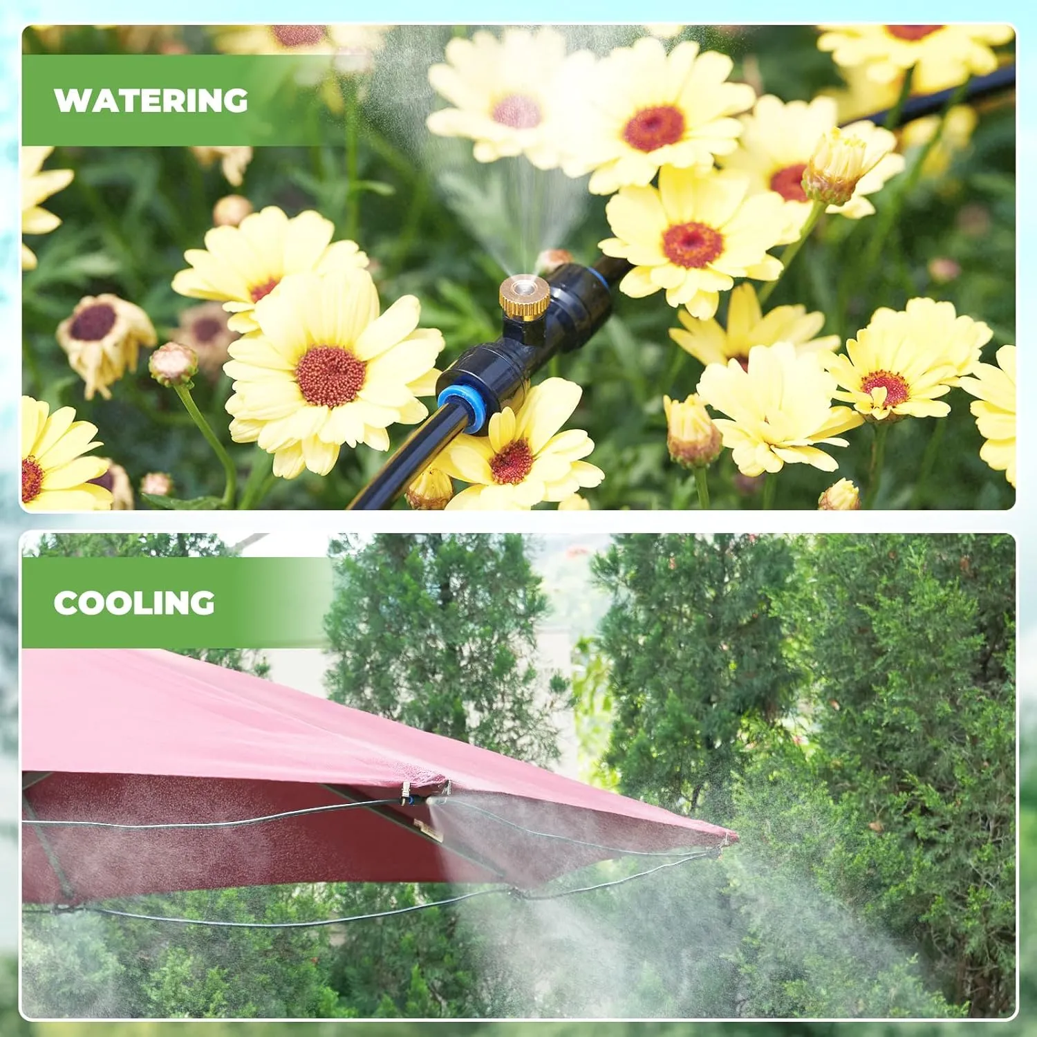 HIRALIY Misting Cooling System with Timer, 59FT Misting Hose 20 Brass Nozzles 3/4" Brass Adapter Water Timer with Mist Mode & Irrigation Mode, Outdoor Misters for Patio Cooling and Garden Watering