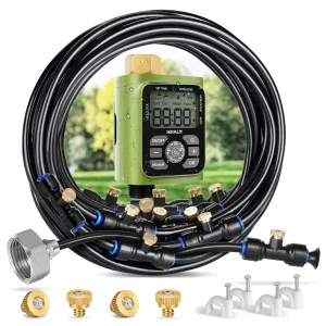 HIRALIY Misting Cooling System with Timer, 59FT Misting Hose 20 Brass Nozzles 3/4" Brass Adapter Water Timer with Mist Mode & Irrigation Mode, Outdoor Misters for Patio Cooling and Garden Watering