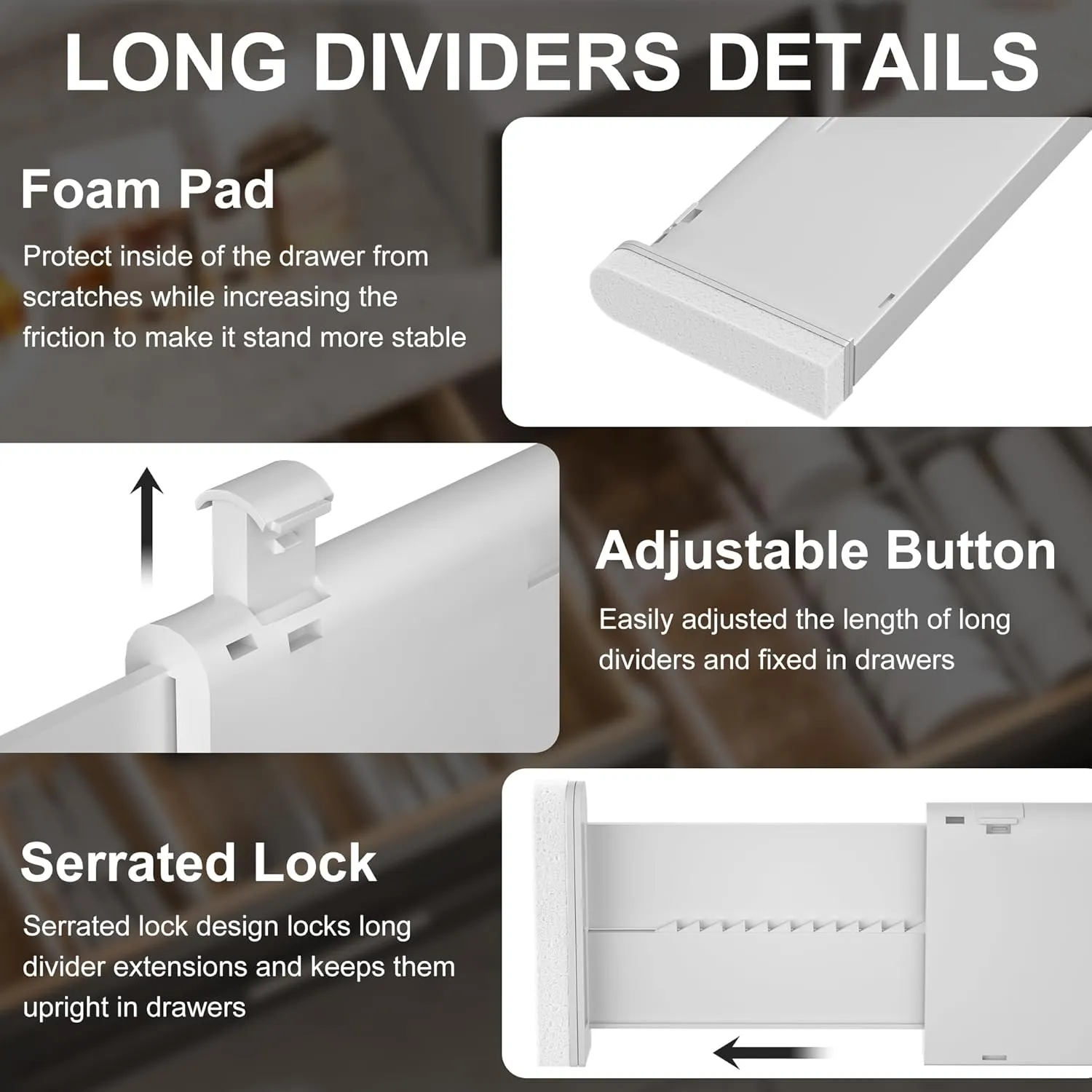 HiYZ Expandable Drawer Dividers with Inserts - Adjustable Drawer Organizers Separators for Kitchen, Bedroom, Dresser, Office, 12 Long Dividers(12.6-22.8 IN) with 24 Inserts(3.9-7.1 IN) - Gray