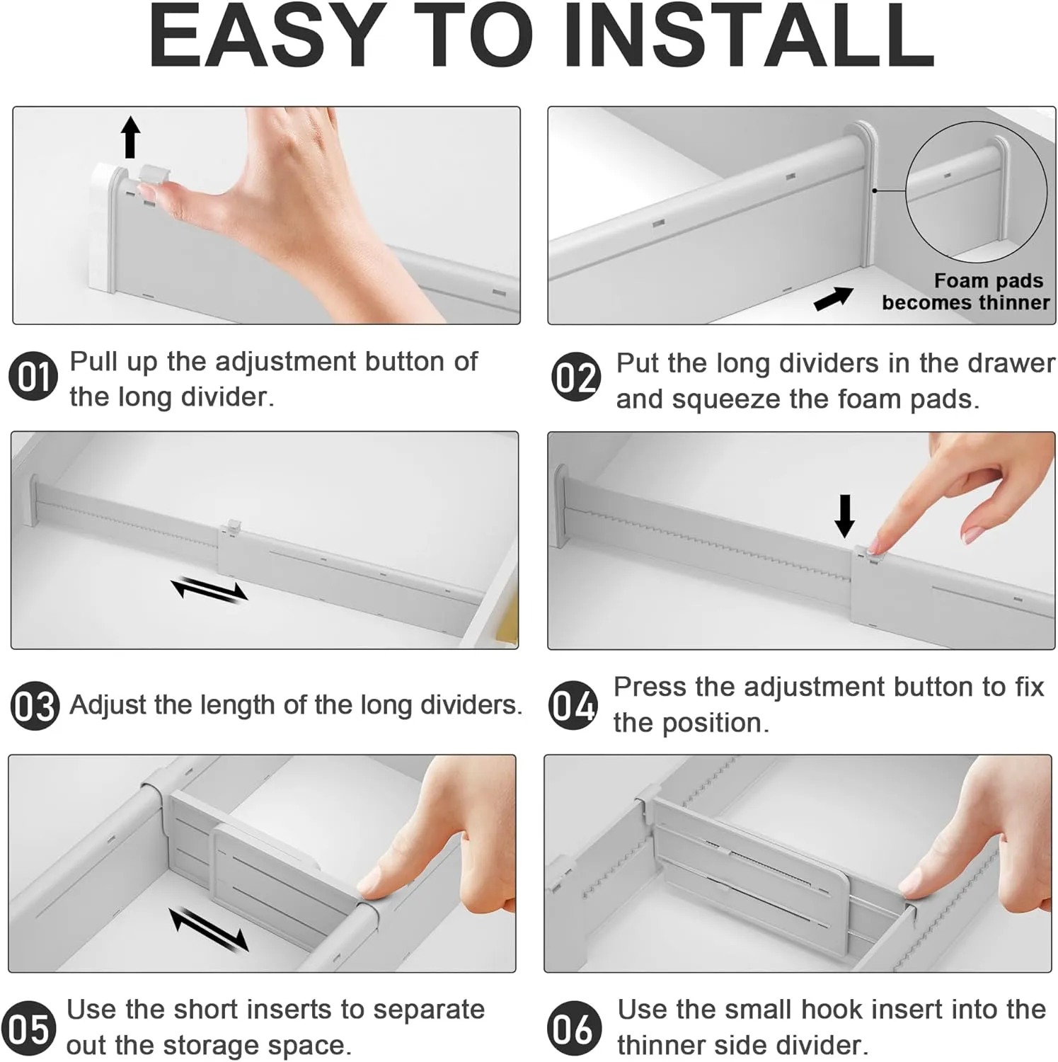 HiYZ Expandable Drawer Dividers with Inserts - Adjustable Drawer Organizers Separators for Kitchen, Bedroom, Dresser, Office, 12 Long Dividers(12.6-22.8 IN) with 24 Inserts(3.9-7.1 IN) - Gray