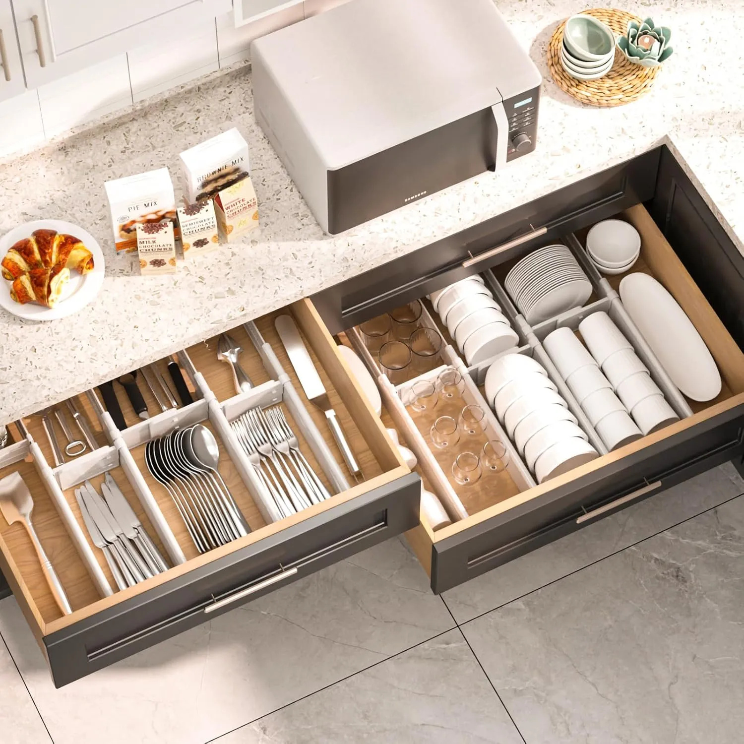 HiYZ Expandable Drawer Dividers with Inserts - Adjustable Drawer Organizers Separators for Kitchen, Bedroom, Dresser, Office, 12 Long Dividers(12.6-22.8 IN) with 24 Inserts(3.9-7.1 IN) - Gray