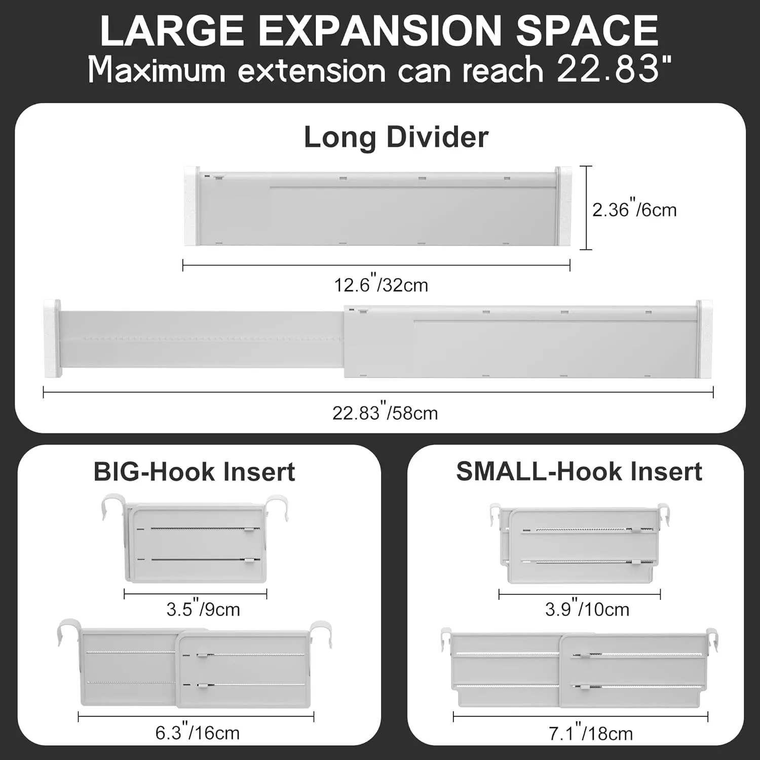 HiYZ Expandable Drawer Dividers with Inserts - Adjustable Drawer Organizers Separators for Kitchen, Bedroom, Dresser, Office, 12 Long Dividers(12.6-22.8 IN) with 24 Inserts(3.9-7.1 IN) - Gray