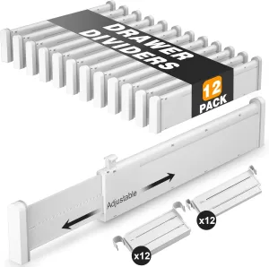 HiYZ Expandable Drawer Dividers with Inserts - Adjustable Drawer Organizers Separators for Kitchen, Bedroom, Dresser, Office, 12 Long Dividers(12.6-22.8 IN) with 24 Inserts(3.9-7.1 IN) - Gray