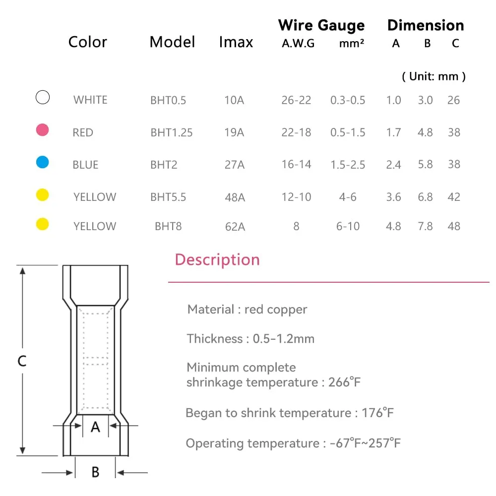HKS 200 PCS Blue Heat Shrink Butt Connector 16-14 AWG - Electrical Connectors - Tinned Red Copper 0.8mm - Automotive Marine Stereo Boat Crimp - Waterproof and Insulated