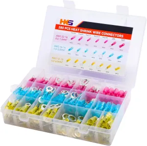 HKS 280PCS Heat Shrink Wire Connectors Kit - 12-10 16-14 22-16 AWG - Tinned Red Copper - Ring Fork Spade Butt Splice Terminal (3Colors/21Size) - Marine Automotive Electrical Waterproof Insulated Crimp