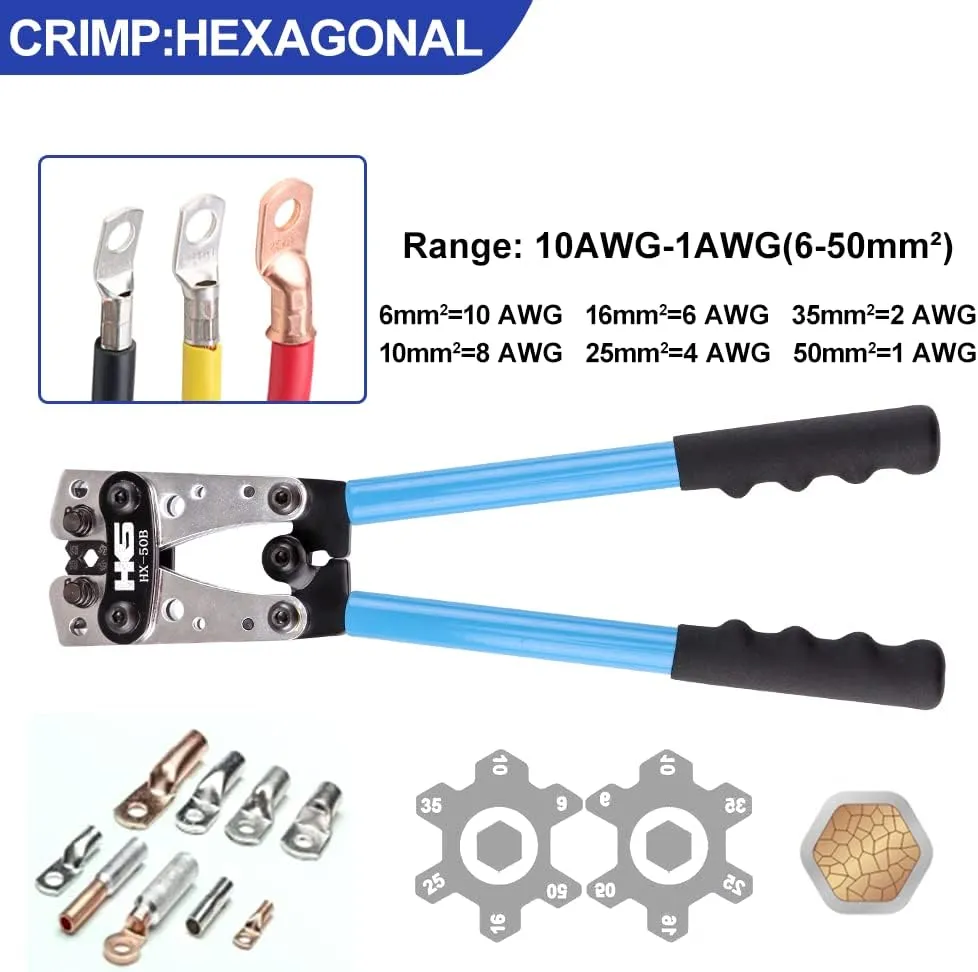 HKS Battery Cable Lug Crimping Tool 10-1 AWG with Cutter, 170 Pcs Tinned Copper Lugs Kit & 210Pcs 3:1 Ratio Adhesive Lined Heat Shrink Tubings - Marine Grade Shrink Wrap HX-50B