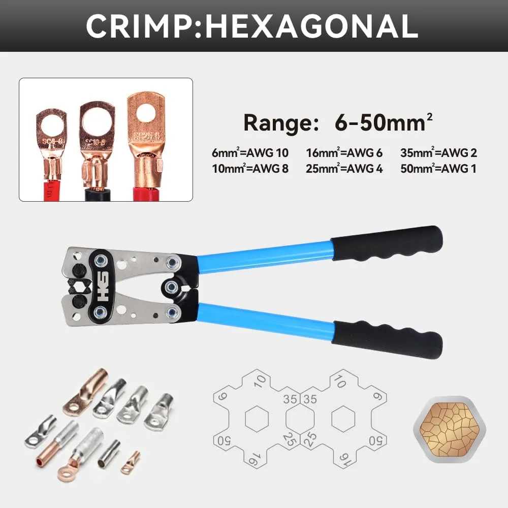 HKS Battery Cable Lug Crimping Tool 10-1 AWG with Cutter, 60Pcs Copper Ring Terminals & 60Pcs 3:1 Heat Shrink Tubing, Heavy Duty Wire Crimper Set for Battery Cables
