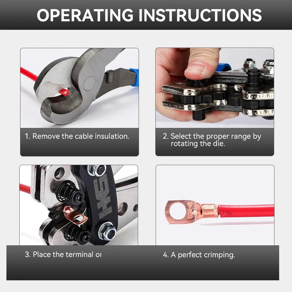 HKS Battery Cable Lug Crimping Tool 10-1 AWG with Cutter, 60Pcs Copper Ring Terminals & 60Pcs 3:1 Heat Shrink Tubing, Heavy Duty Wire Crimper Set for Battery Cables