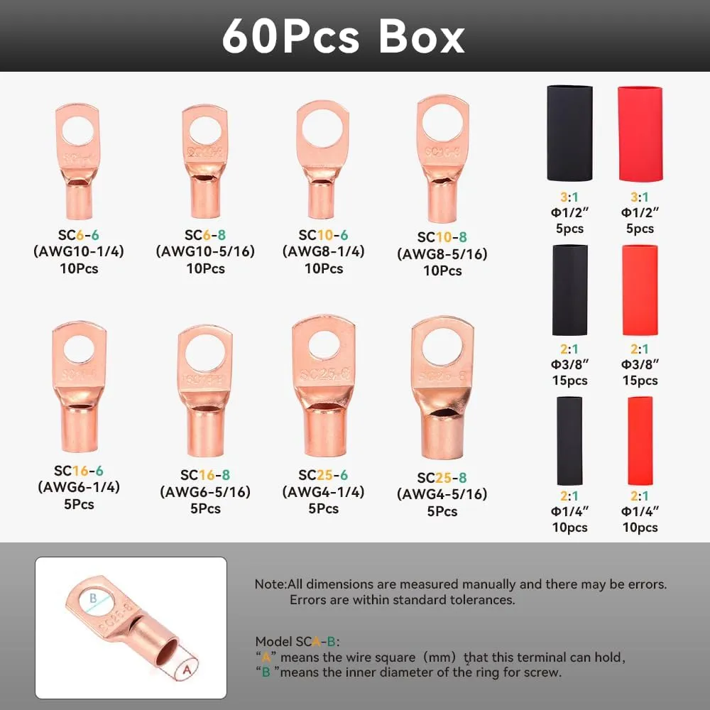 HKS Battery Cable Lug Crimping Tool 10-1 AWG with Cutter, 60Pcs Copper Ring Terminals & 60Pcs 3:1 Heat Shrink Tubing, Heavy Duty Wire Crimper Set for Battery Cables
