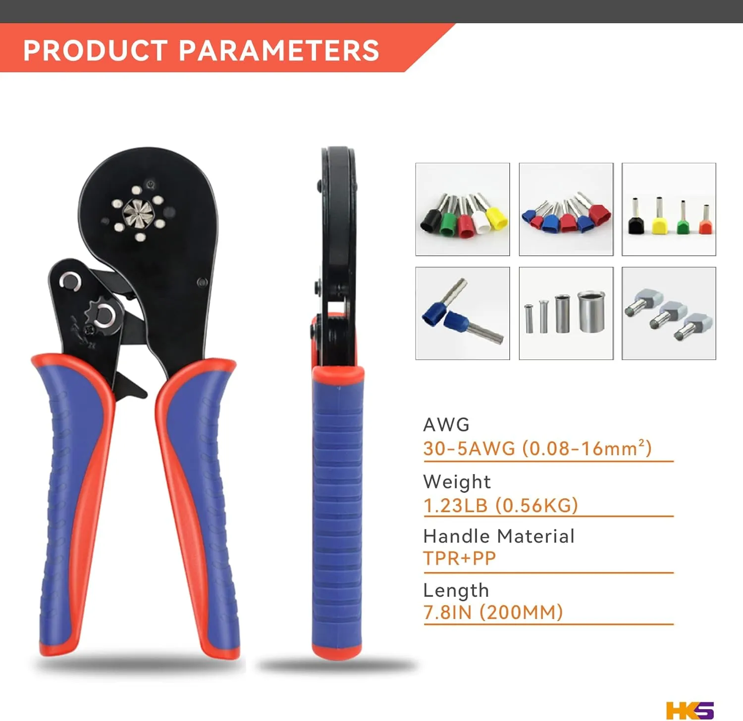 HKS Ferrule Crimping Tool Kit AWG 30-5 with 1200PCS Red Copper Terimnals, Hexagonal Self-Adjusting Ratchet Crimper for End-Sleeves (16-6 with 1200PCS Kit)