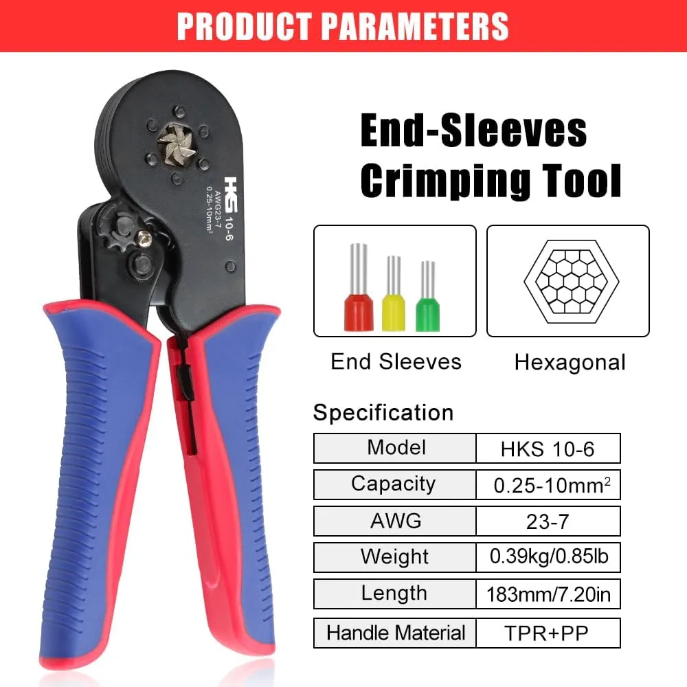 HKS Ferrule Crimping Tool Kit - Hexagonal Ferrule Crimper Plier (AWG 23-7) with 1900pcs Wire End-Sleeves Terminals Kit