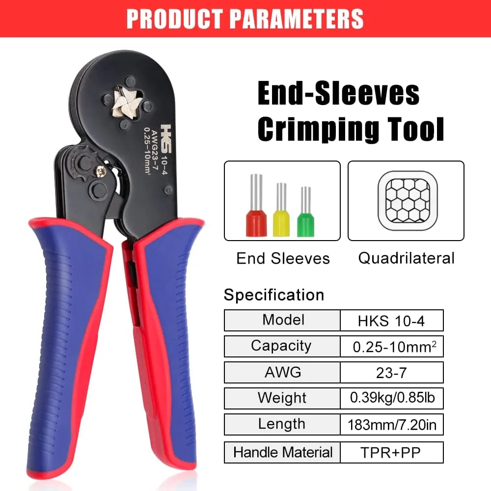 HKS Ferrule Crimping Tool Kit - Square Ferrule Crimper Plier (AWG 23-7) with 1900pcs Wire End-Sleeves Terminals Kit