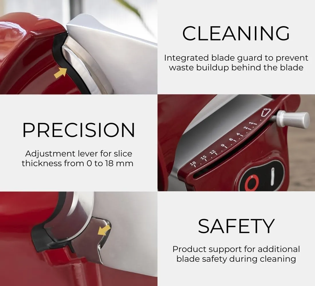 Home Line Plus 250 Food Slicer | 10-inch Chromed Steel Blade | Adjustable Thickness | Premium Electric Slicer for Prosciutto, Cold Cuts, Cheese, Bread, Veggies and more (Red)