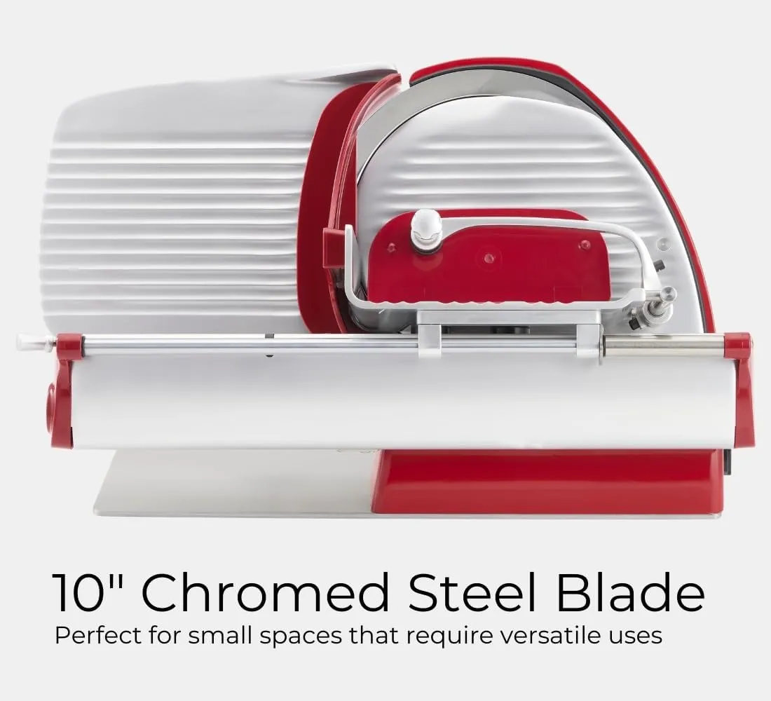 Home Line Plus 250 Food Slicer | 10-inch Chromed Steel Blade | Adjustable Thickness | Premium Electric Slicer for Prosciutto, Cold Cuts, Cheese, Bread, Veggies and more (Red)