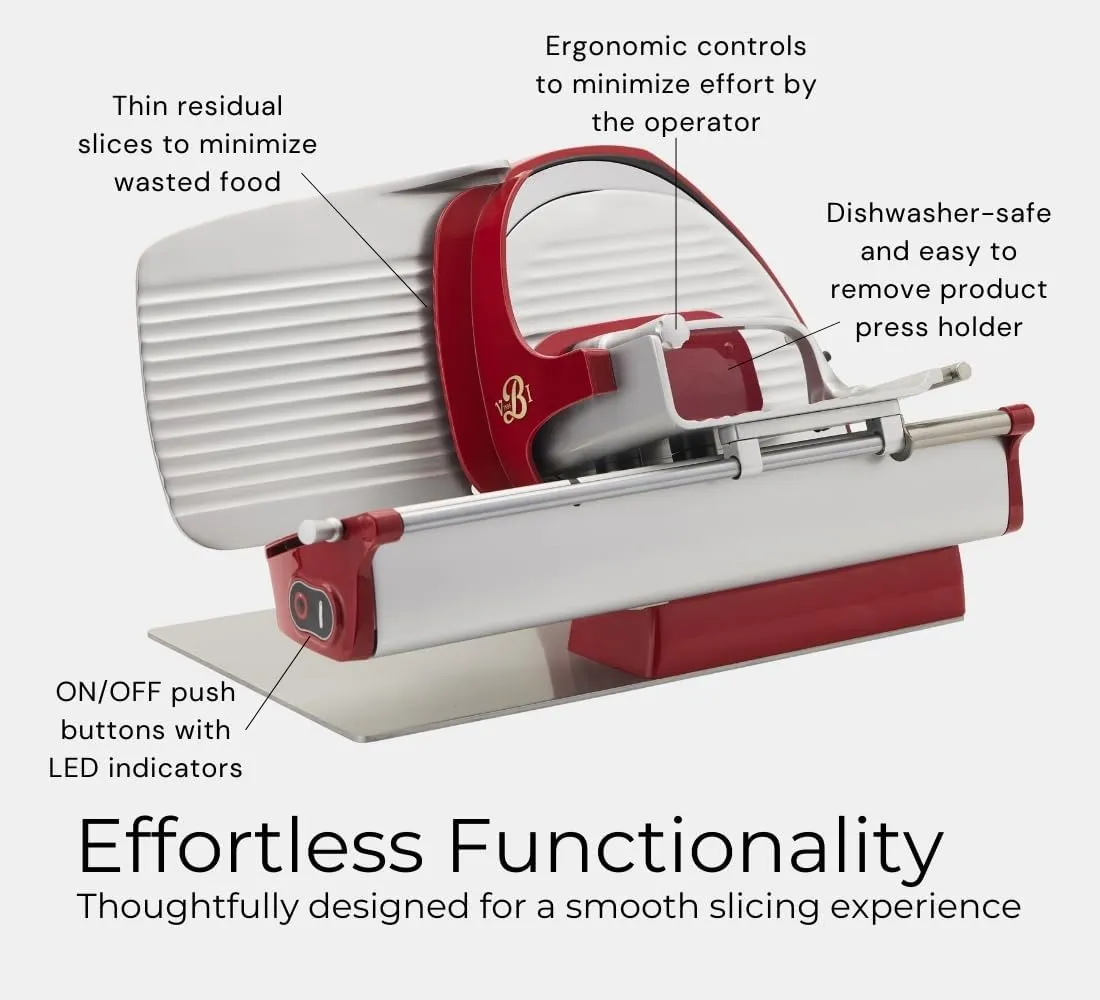 Home Line Plus 250 Food Slicer | 10-inch Chromed Steel Blade | Adjustable Thickness | Premium Electric Slicer for Prosciutto, Cold Cuts, Cheese, Bread, Veggies and more (Red)