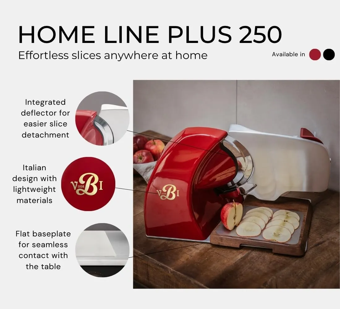 Home Line Plus 250 Food Slicer | 10-inch Chromed Steel Blade | Adjustable Thickness | Premium Electric Slicer for Prosciutto, Cold Cuts, Cheese, Bread, Veggies and more (Red)