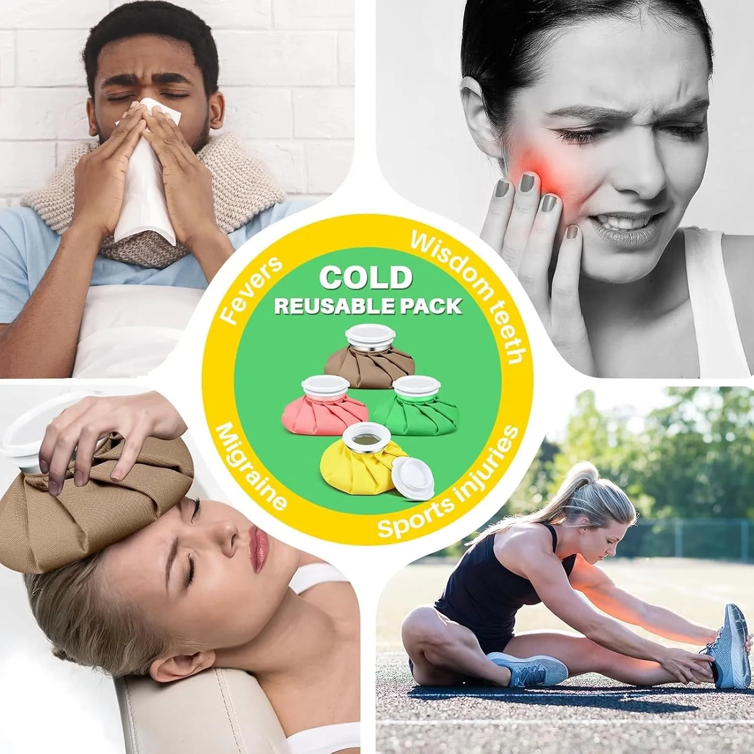 Honoson 4 Pack Reusable Ice Pack and Hot Water Bag for Adults, Cold and Hot Use for Injuries, Pain Relief, Wisdom Teeth, Breastfeeding, Tired Eyes, 5.5 Inches(Vivid Pure Style)