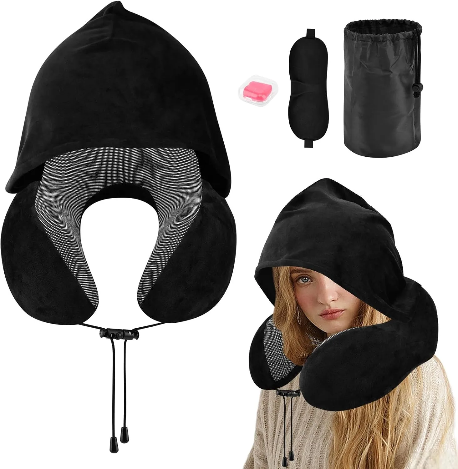 Hooded Travel Neck Pillow, Soft Travel Pillow with Earplugs & Eye Mask U Shaped Memory Foam Neck Pillow with Hood for Airplane, Office, Cars Sleeping Rest(Black)