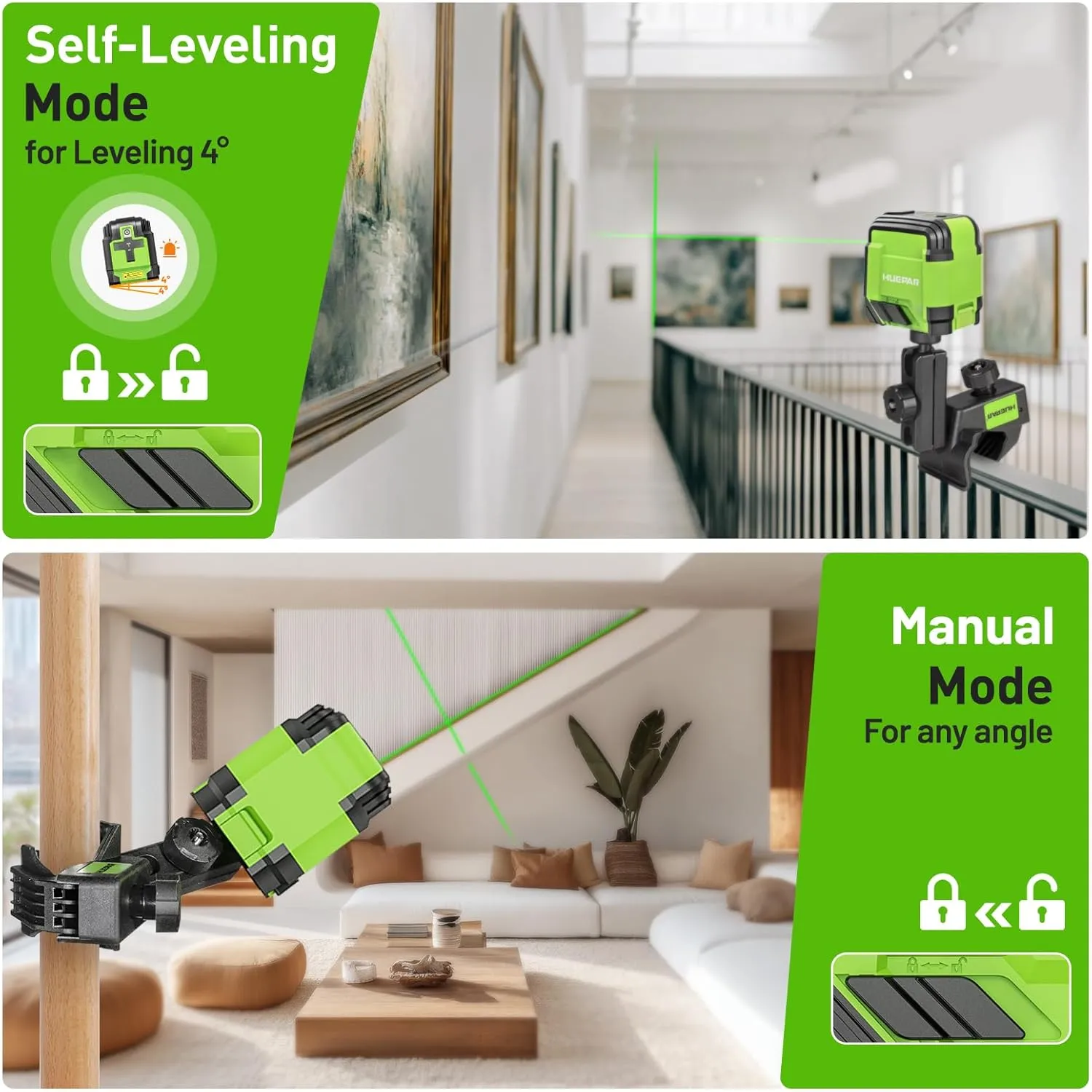 Huepar Laser Level Self Leveling Green Lazer Level for Picture Hanging, DIY, Construction and Indoor Projects, Rotatable 360 Degree, Clamp, Battery, Carrying Bag Included GK011DGM