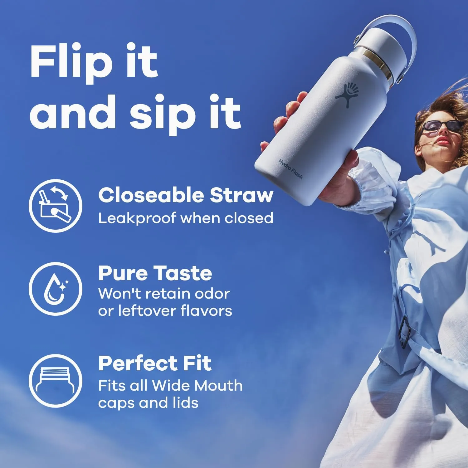Hydro Flask Water Bottle - Insulated Stainless Steel - Wide Straw Lid, Non Spill, Leakproof in 32 Oz Surf Blue