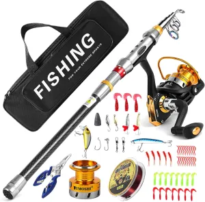 I00000 Black and Gold Fishing Rod and Reel Combos with Carbon Fiber Telescopic Fishing Pole - Spinning Reel Fishing Carrier Bag, Freshwater and Saltwater Fishing Rod Kit, Travel Fishing Kit
