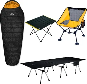 iClimb 1 3M Thinsulate Insulation Sleeping Bag and 1 Two Heights Super Easy Assemble Cot and 1 Anti-Sinking Large Feet Chair and 1 Folding Table Bundle, Ultralight Compact for Adults Outdoor Backpacki