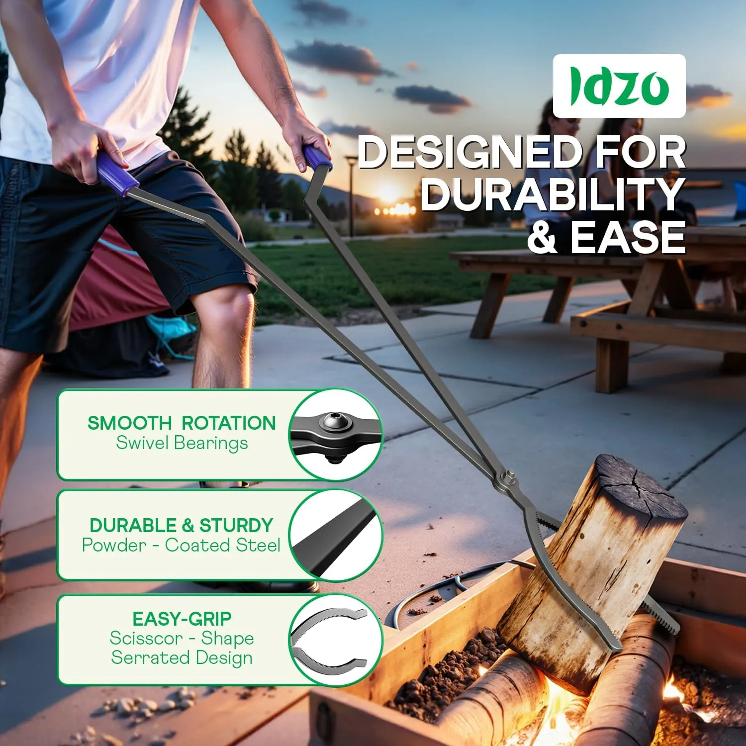 IDZO 40" Fireplace Tongs & Fire Poker, Heavy Duty Steel Fire Tongs, Log Grabber, Firewood Tongs, Fireplace Poker & Fire Pit Tools for Fire Pit, Campfire, Fire Rings, Indoor & Outdoor Use