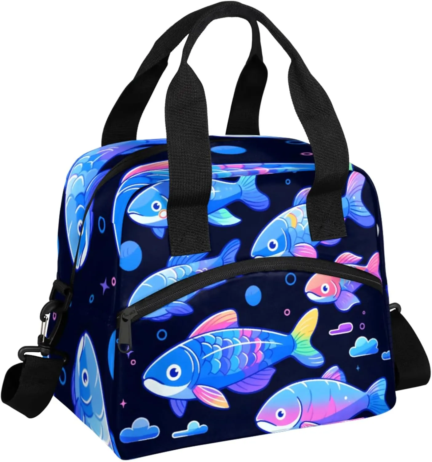Illuminated Fish Insulated Lunch Bag Reusable Lunch Box Leisure Coffee Portable Lunch Tote Bag With Detachable Adjustable Shoulder Strap Suitable for Men and Women for Work, Picnic, Camping