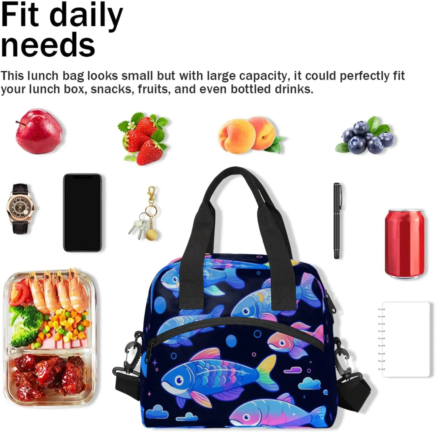 Illuminated Fish Insulated Lunch Bag Reusable Lunch Box Leisure Coffee Portable Lunch Tote Bag With Detachable Adjustable Shoulder Strap Suitable for Men and Women for Work, Picnic, Camping