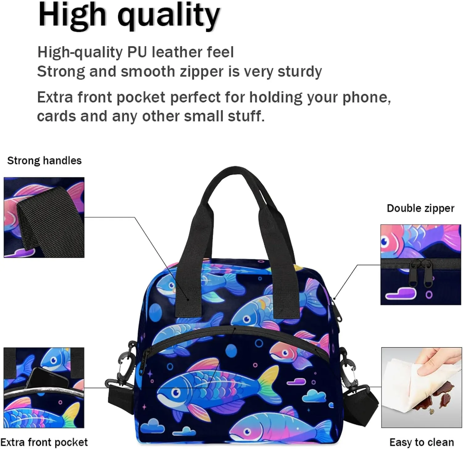 Illuminated Fish Insulated Lunch Bag Reusable Lunch Box Leisure Coffee Portable Lunch Tote Bag With Detachable Adjustable Shoulder Strap Suitable for Men and Women for Work, Picnic, Camping