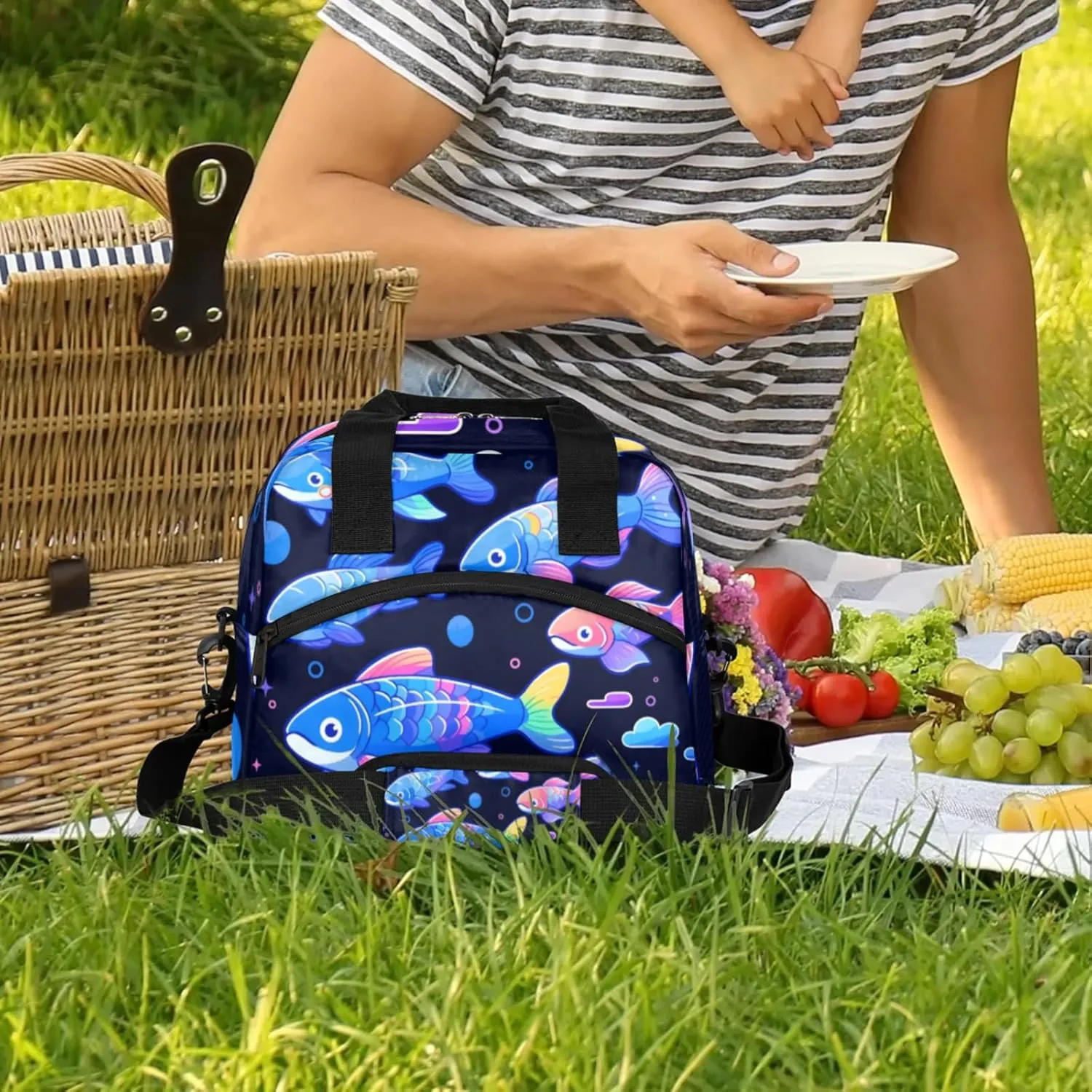 Illuminated Fish Insulated Lunch Bag Reusable Lunch Box Leisure Coffee Portable Lunch Tote Bag With Detachable Adjustable Shoulder Strap Suitable for Men and Women for Work, Picnic, Camping