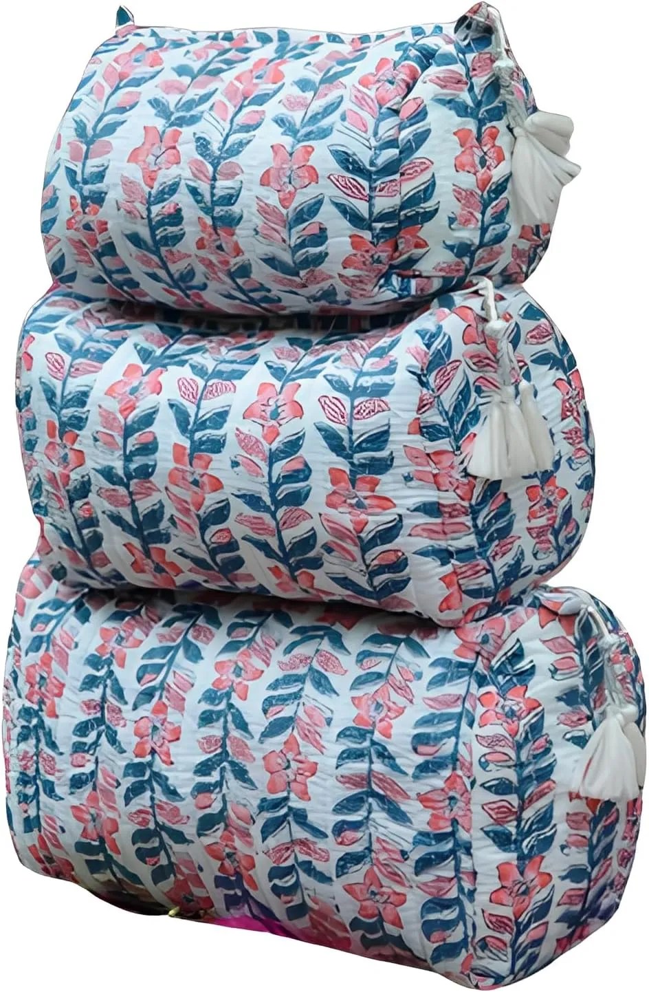 INDACORIFY Cosmetic Bag Hand Block Print Waterproof Toiletry Cotton Fabric 3 Pieces Quilted Make up Pouch Set