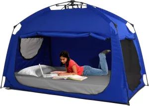 Indoor Instant Privacy Bed Tent for Sleeping,Quick Set-up Bed Canopies,Portable Bed Drapes with Large Space and 3 Doors (Blue, Twin)