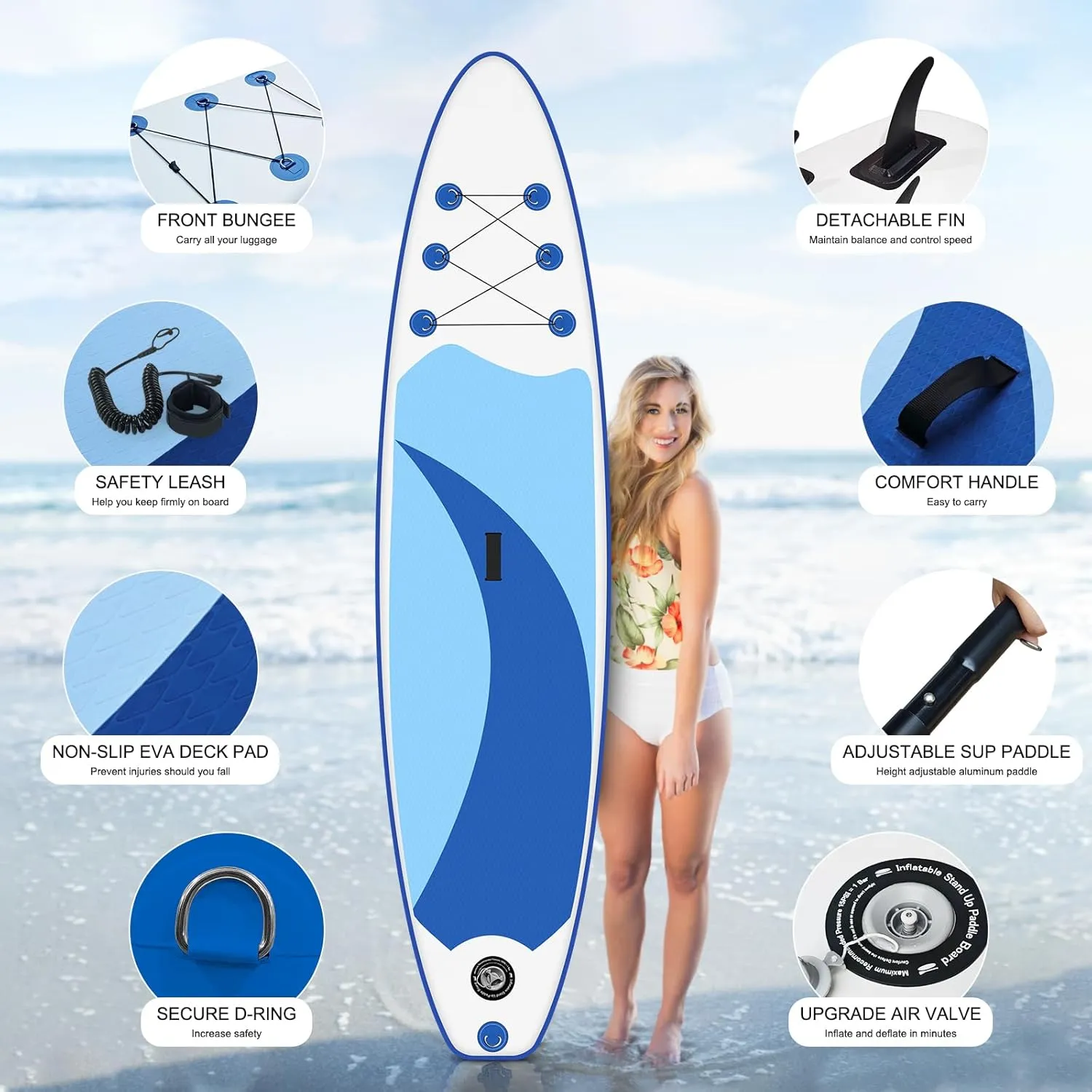 Inflatable Stand Up Paddle Board 10‘6‘‘x33‘‘- Ultra-Light SUP with Backpack, Pump, Paddle, Coil Leash, 3 Fins, Repair Kit, Stable Design, Non-Slip EVA Deck for Adults & Youth