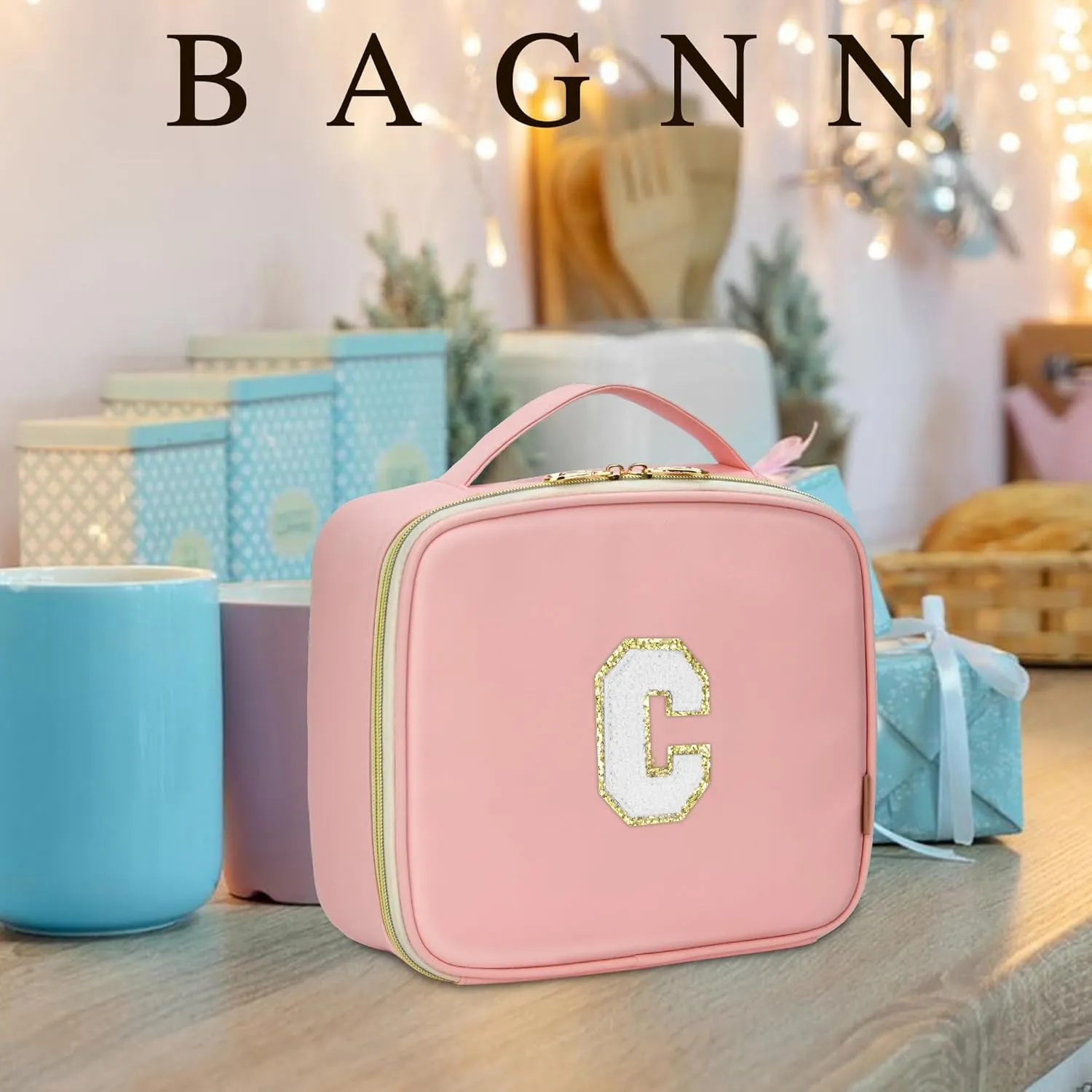 Initials Travel Makeup Case Birthday Mothers Day Gifts for Women, Personalized Makeup Cosmetic Train Case Organizer with Adjustable Dividers, Makeup Organizer Bag for Make up Brushes, Pink, B.