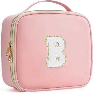 Initials Travel Makeup Case Birthday Mothers Day Gifts for Women, Personalized Makeup Cosmetic Train Case Organizer with Adjustable Dividers, Makeup Organizer Bag for Make up Brushes, Pink, B.