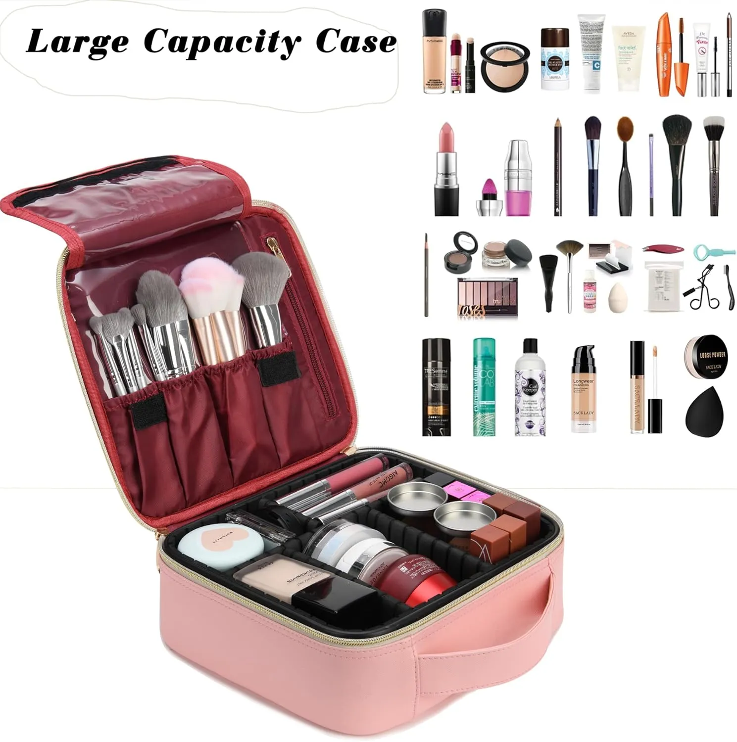 Initials Travel Makeup Case Birthday Mothers Day Gifts for Women, Personalized Makeup Cosmetic Train Case Organizer with Adjustable Dividers, Makeup Organizer Bag for Make up Brushes, Pink, B.