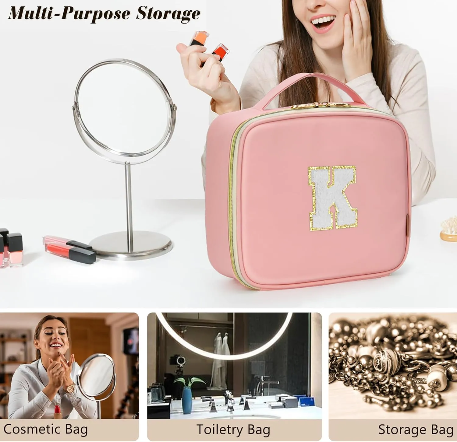 Initials Travel Makeup Case Birthday Mothers Day Gifts for Women, Personalized Makeup Cosmetic Train Case Organizer with Adjustable Dividers, Makeup Organizer Bag for Make up Brushes, Pink, B.
