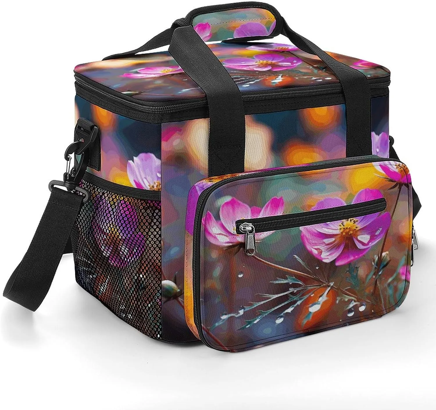 Insulated Camping Cooler Bag, Colorful Small Flower Print Ice Pack with Leakproof Lining 22.5L Capacity Portable Thermal Bag for Camping,Picnic
