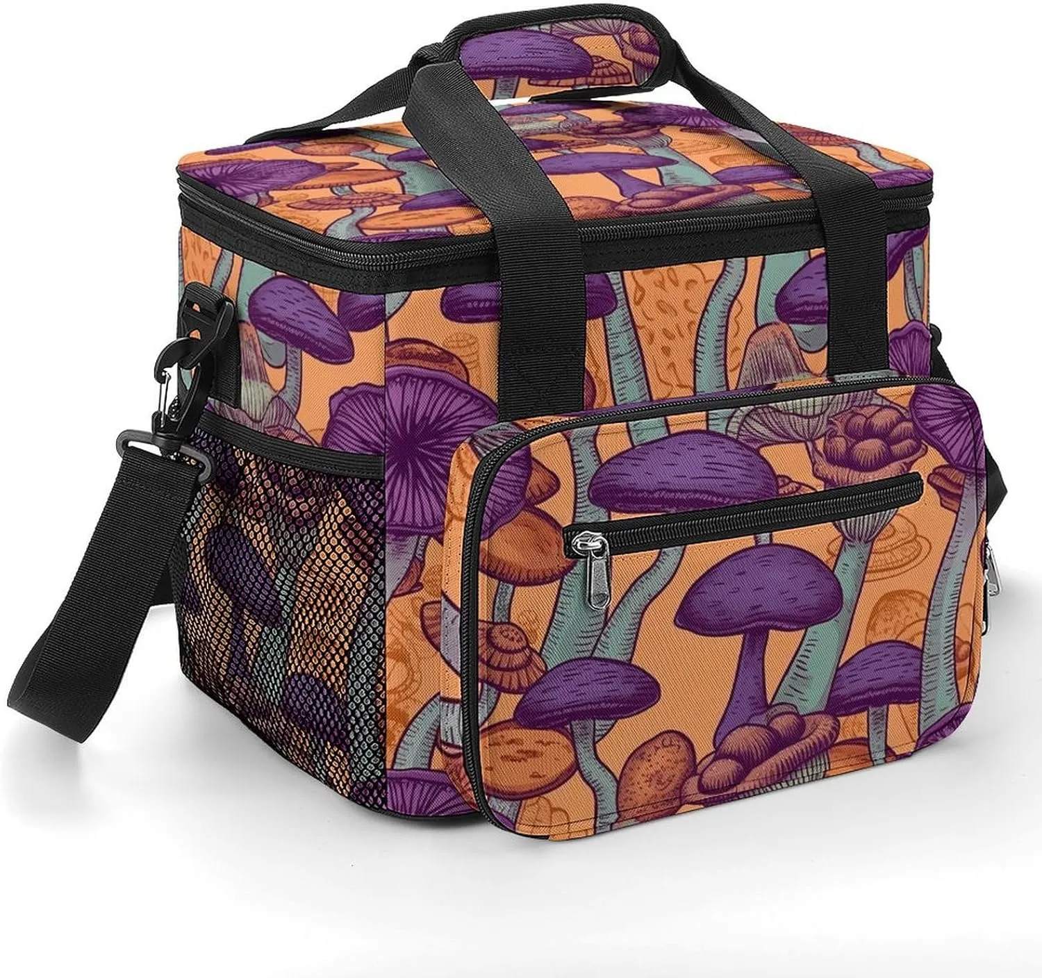 Insulated Camping Cooler Bag, Hippie Art Mushrooms Print Ice Pack with Leakproof Lining 22.5L Capacity Portable Thermal Bag for Camping,Picnic