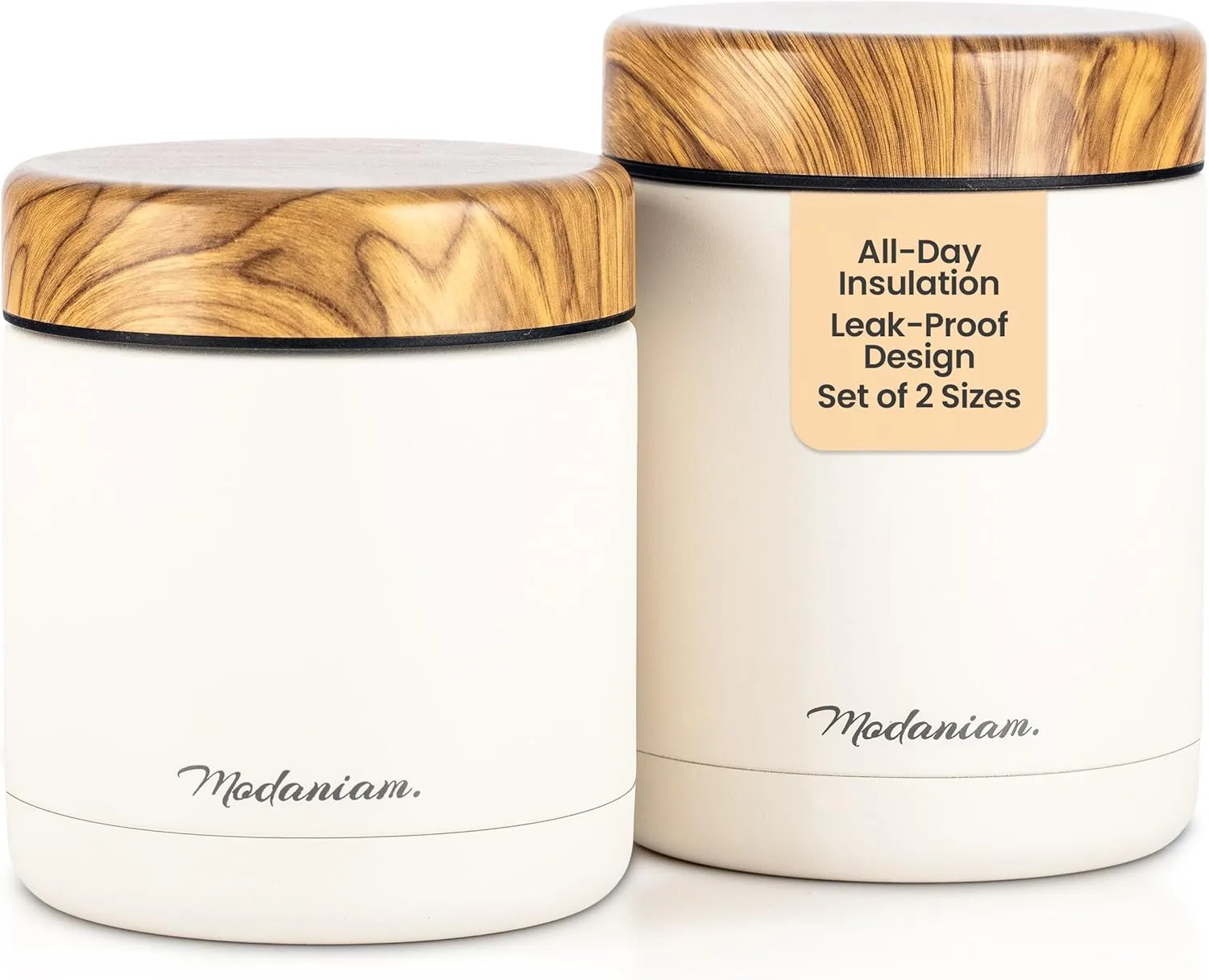 Insulated Food Jars, Set of 2 Pack Insulated Food Jar, Thermos for Hot Food & Soup, Compact Stainless Steel Vacuum Lunch Containers 16 oz, 12 oz (Vanilla (Off White)
