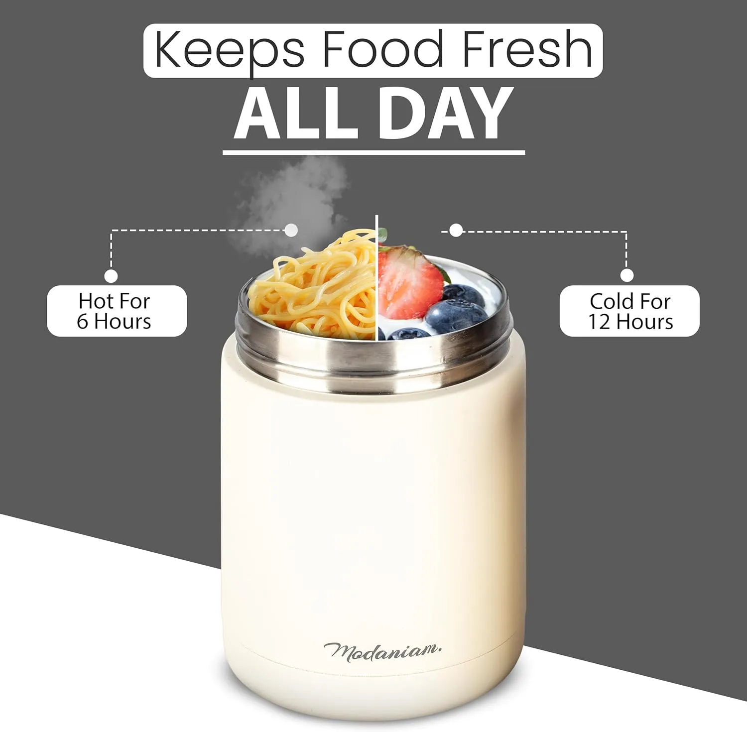 Insulated Food Jars, Set of 2 Pack Insulated Food Jar, Thermos for Hot Food & Soup, Compact Stainless Steel Vacuum Lunch Containers 16 oz, 12 oz (Vanilla (Off White)
