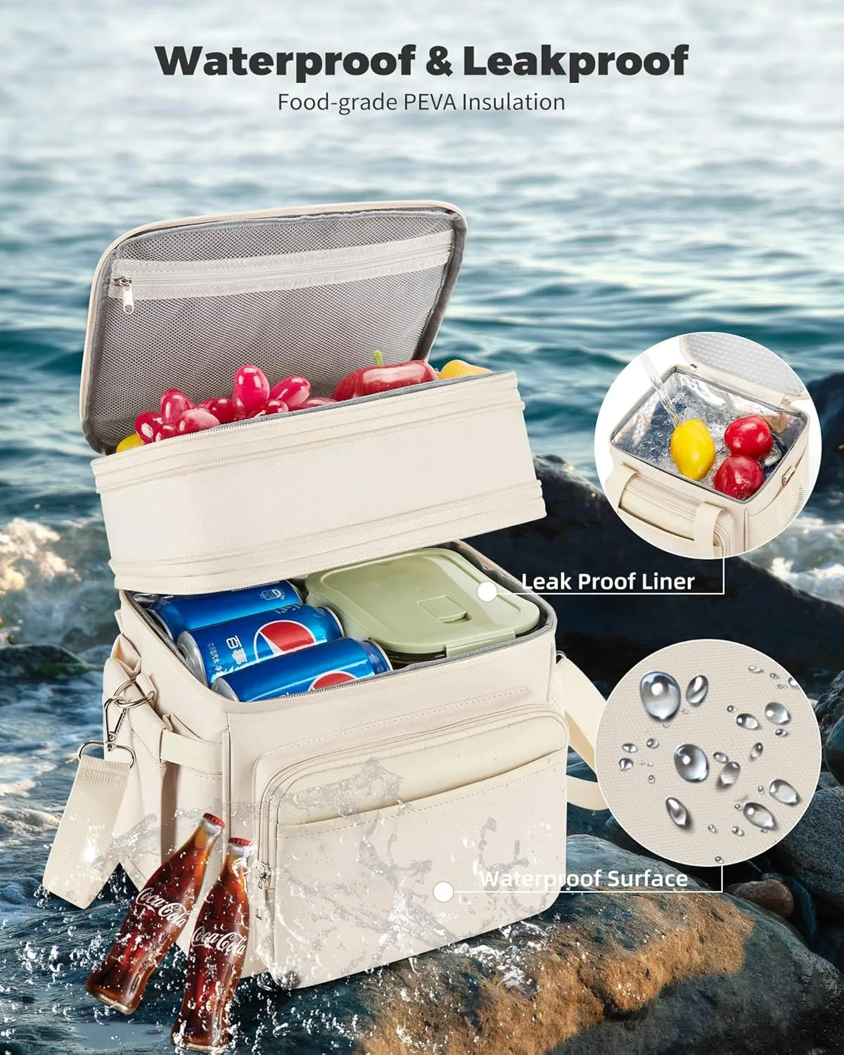 Insulated Lunch Bag & Lunch Box for Women - Double Deck Reusable Lunch Bag for Men Tote Cooler Bag Leakproof Soft Expandable - Large Lunchbox for Work/Adult/Picnic/Outdoor(Cream，15L)